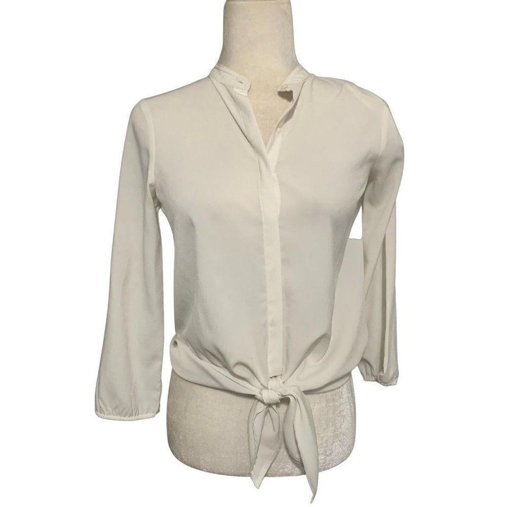 Zara womens solid white long sleeve crop tie blouse top Xs